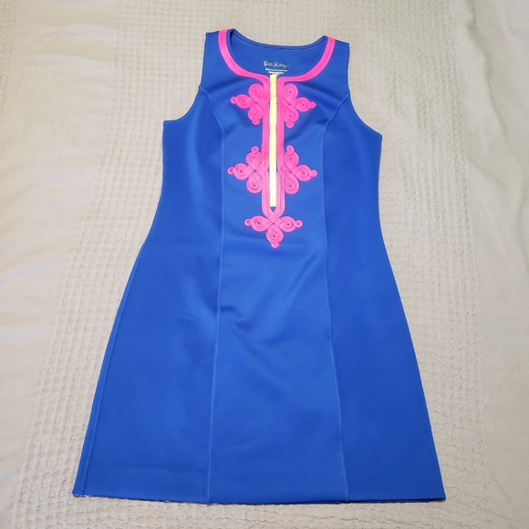 Lilly Pulitzer Royal Blue & Neon Pink Embroidered Shift Dress - UPF 50+ Size S - Picture 2 of 9